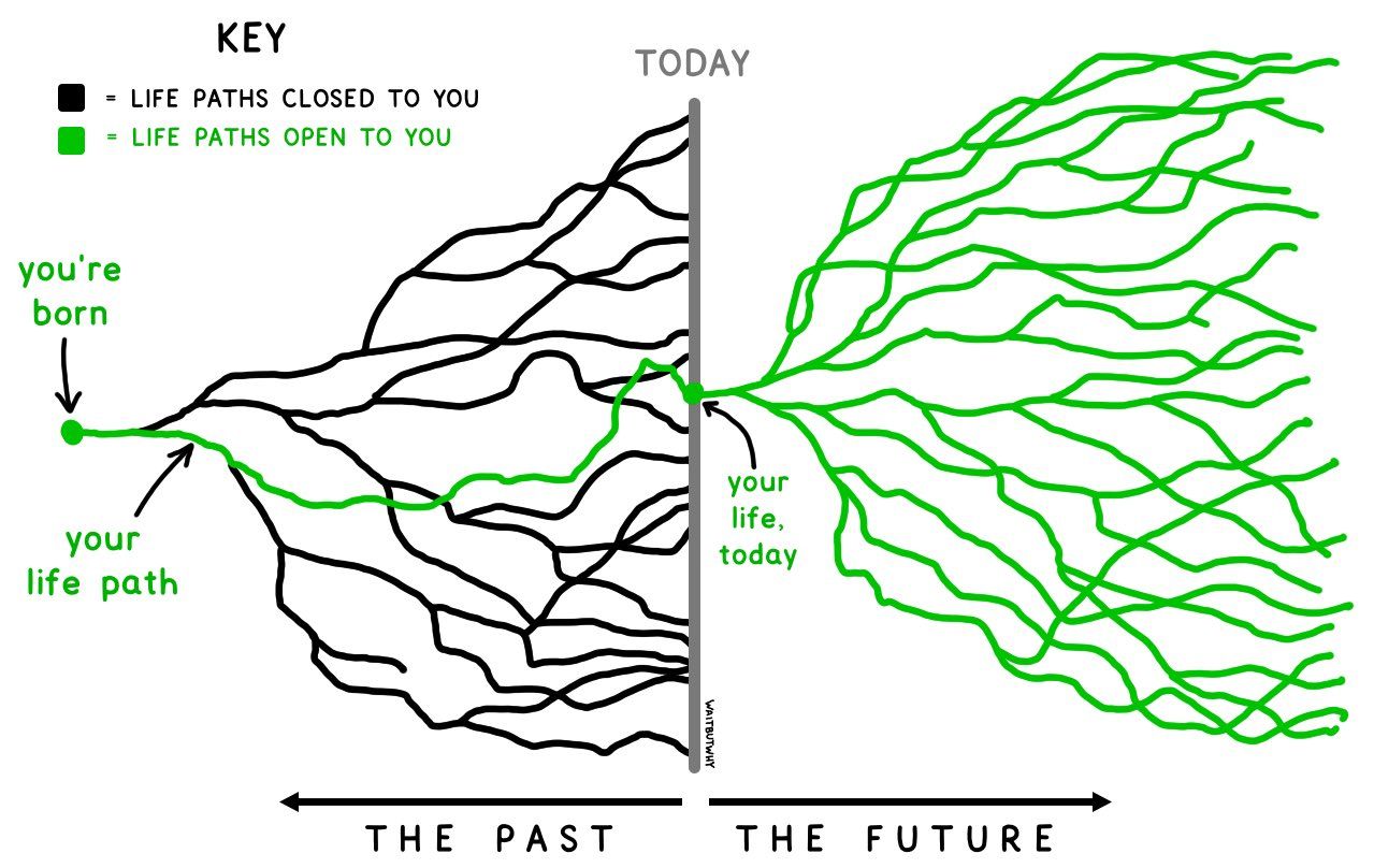 Graph on showing actions as branches of your life in the past and possible branches in the future